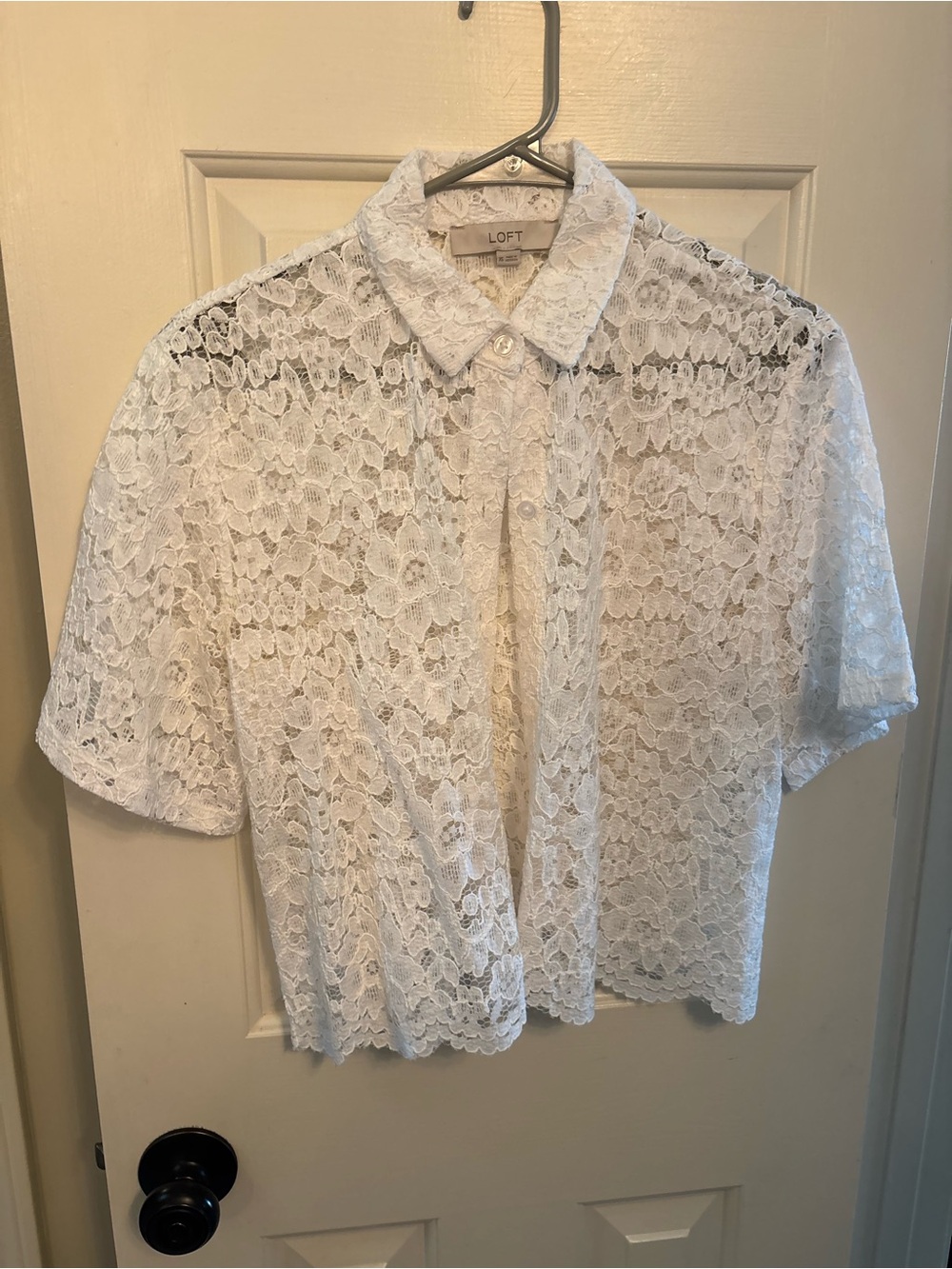 LOFT White Lace Short-Sleeve Button-Down Shirt
